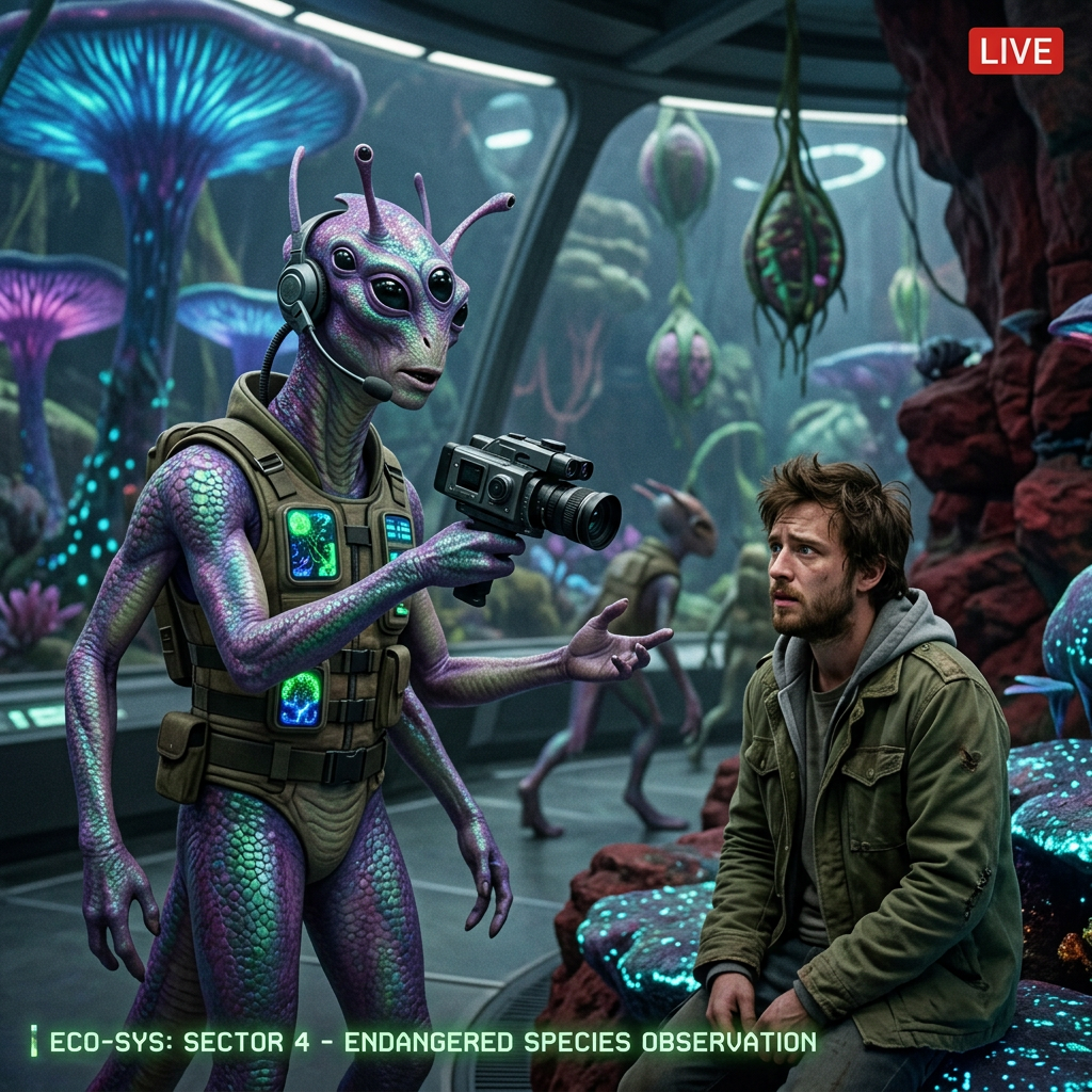 Alien with headset holding camera recording seated human in futuristic alien ecosystem