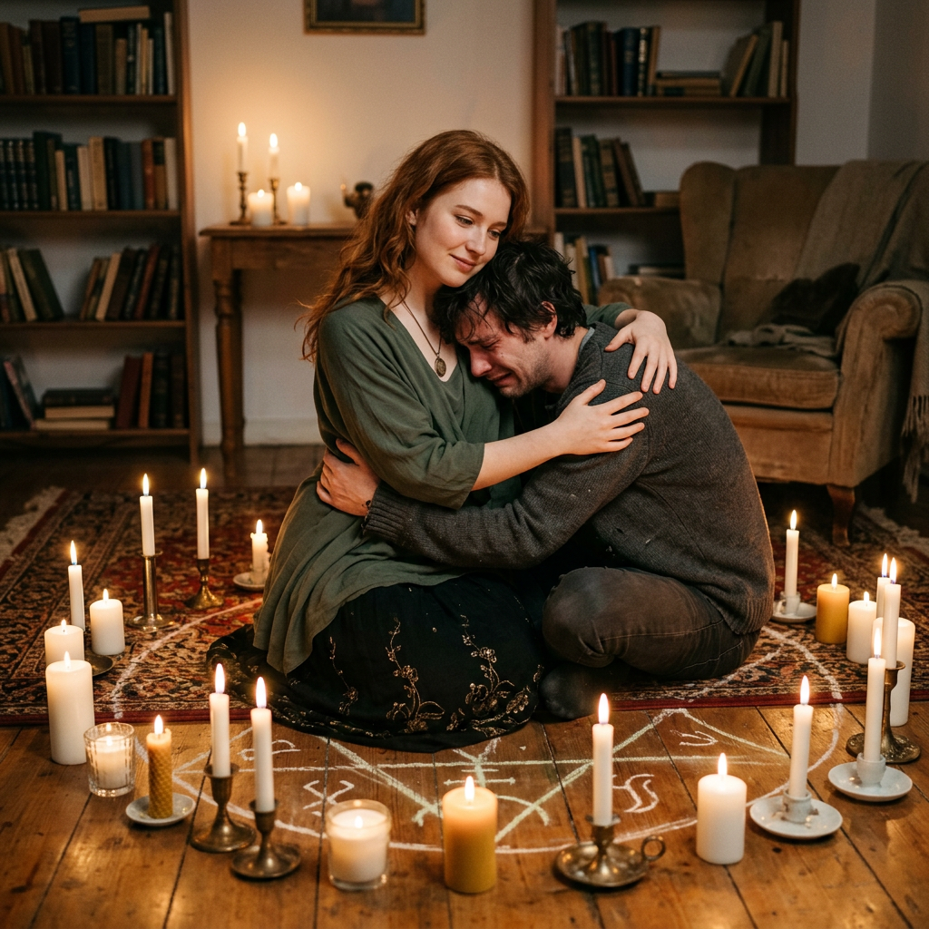 A woman embracing a crying man seated on the floor surrounded by lit candles and occult symbols